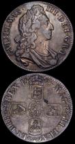 London Coins : A162 : Lot 1744 : Crowns (2) 1695 OCTAVO ESC 87, Bull 991 Fine or slightly better and nicely toned with a flaw  on the...