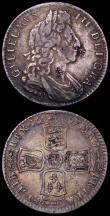 London Coins : A162 : Lot 1864 : Halfcrowns (2) 1697y First Bust, Later Harp, Large Shields ESC 551, Bull 1100 Fine, the reverse slig...