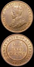 London Coins : A164 : Lot 284 : Australia (2) Halfpenny 1921 KM#22 UNC or near so with traces of lustre, Halfpenny Token 1862 James ...