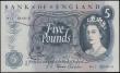 London Coins : A165 : Lot 207 : Five pounds Hollom B298 issued 1963, series M11 644616 replacement, AU-UNC scarce thus