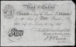 London Coins : A165 : Lot 297 : Five Pounds Nairne White note, B208b dated 19th August 1915 series 49D 38360 LONDON branch issue abo...