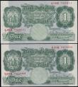 London Coins : A165 : Lot 350 : One Pound Green Peppiatt B260 Threaded Fourth Period issue 1948 (2) last series H29B 723492 about UN...