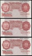 London Coins : A165 : Lot 375 : Ten Shillings (3) O'Brien B271 Red-Brown Threaded issue 1955, series A97Y 087625, Z13X 032141 &...