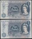 London Coins : A165 : Lot 420 : Five Pounds Fforde QE2 portrait & seated child Britannia B312 Blue issue 1967 (2) comprising ser...