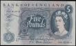 London Coins : A165 : Lot 422 : Five Pounds Fforde QE2 portrait & seated child Britannia B314 Blue issue 1967 series 09A 913412 ...