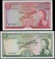 London Coins : A165 : Lot 842 : The States of Jersey SPECIMENS (2) 1 Pound SPECIMEN Pick 8s1 ND 1963 serial number A 000000 overprin...