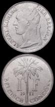 London Coins : A166 : Lot 2630 : Belgian Congo One Franc (2) 1921 KM#21 Flemish Legend, A/UNC the obverse with some contact marks and...