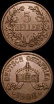 London Coins : A166 : Lot 2752 : German East Africa 5 Heller 1908J KM#11 (2) the first EF with some small spots, the second NEF with ...