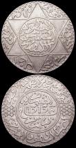 London Coins : A166 : Lot 2814 : Morocco (3) 5 Dirhams AH1313 (1894) Paris Mint GVF/NEF, 2 1/2 Dirhams AH1329 (1911) Y#23 About VF, 5...