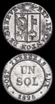 London Coins : A166 : Lot 2882 : Swiss Cantons - Geneva One Sol (3) 1817H KM#116 Billon EF, 1819 KM#119 Billon UNC, 1825 KM#120 Billo...