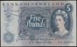 London Coins : A166 : Lot 63 : Five Pounds Fforde QE2 portrait & seated child Britannia B313 Replacement issue 1967 serial numb...