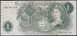 London Coins : A166 : Lot 65 : One Pound QE2 portrait & seated Britannia ERROR note B320 issue 1970 missing one number from the...