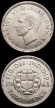 London Coins : A169 : Lot 1782 : Silver Threepences (2) 1943 ESC 2157 GF/NVF, 1944 ESC 2158 NEF with some contact marks