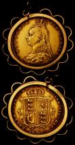 London Coins : A169 : Lot 2051 : Half Sovereign 1892 No J.E.B. Low Shield Fine/Good Fine, in a 9 carat gold decorative mount, total w...