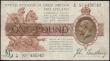 London Coins : A169 : Lot 28 : One Pound Bradbury Third Issue T16 Waterlow Bros & Layton photogravure printing in Brown, Purple...