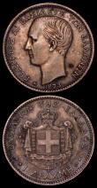 London Coins : A170 : Lot 1036 : Greece (2) 50 Lepta 1874A KM#37 GEF/AU and lustrous, One Drachma 1873A About VF/VF toned and a darke...