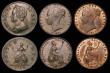 London Coins : A172 : Lot 1538 : Farthings (6) 1754 Peck 892 GVF. 1838 Peck 1553 GVF/VF. 1839 FID: DEF: Peck 1554 NEF. 1853 WW Raised...