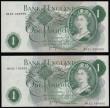 London Coins : A175 : Lot 49 : One Pound Page 1970 B323 replacement (2) consecutive numbers MR32 099999 and MR32 100000 a very desi...