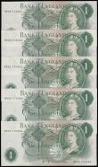 London Coins : A175 : Lot 50 : One Pounds Page Replacements 1970 B323 (5) consecutives MW02 4270061,62,63,64 and 65 aU - Unc