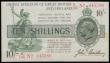 London Coins : A176 : Lot 44 : Ten Shillings Bradbury Third Issue T20 Red Dash in number, 1918 serial number B100 44...