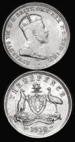 London Coins : A176 : Lot 851 : Australia Threepence 1910 KM#18 UNC and lustrous with a tiny rim nick, New Zealand Threepence 1933 K...