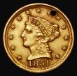 London Coins : A178 : Lot 1212 : USA 2/1/2 Dollars Gold 1851D, Dahlonega Mint, Breen 6212, 4.10 grammes, VF holed, Rare with a low mi...