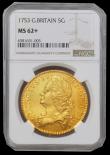 London Coins : A178 : Lot 1347 : Five Guineas 1753 George II VICESIMO SEXTO S3666 choice sharp and brilliant and graded MS62+ by NGC ...