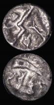 London Coins : A180 : Lot 1138 : Celtic (2) Silver Quarter Stater Durotriges, Geometric type, Crescent design, Reverse: Zigzag patter...
