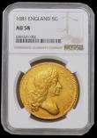 London Coins : A180 : Lot 1316 : Five Guineas 1681 Charles II Second Laureate Bust, TRICESIMO TERTIO S3331 graded AU58 by NGC rare th...