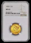 London Coins : A182 : Lot 1392 : USA Five Dollars Gold 1905 Breen 6789 in an NGC holder and graded MS63