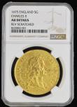 London Coins : A185 : Lot 2342 : Five Guineas 1675 Charles II First Bust S3328E NGC AU Details REV SCRATCHED. A rare seldom offered d...