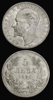 London Coins : A185 : Lot 3482 : Romania 5 Lei 1884 KM#17.1 Fine, Scarce, Bulgaria Five Leva 1894KB KM#18 Good Fine