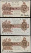 London Coins : A185 : Lot 57 : One Pounds Treasury Houses of Parliament reverse (3) Bradbury prefix G/13 VF with some stains, Warre...