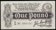 London Coins : A185 : Lot 6 : One Pound Bradbury T3.4 B38 0003492. Seven digits, very scarce perhaps the hardest of the T3 issue t...