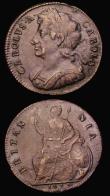 London Coins : A186 : Lot 1486 : Farthing 1694 Peck 616 Fine, weak at the top of the reverse as often, Halfpenny 1673 Fine on a pitte...