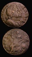 London Coins : A186 : Lot 1805 : Halfpennies (2) 1694 M&Lambda;RI&Lambda; error Peck 604, Fine, but cleaned and tooled in the fields,...