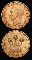 London Coins : A187 : Lot 1708 : Brass Threepences (2) 1946 Peck 2388 VF with some contact marks, 1949 Peck 2392 Good Fine, cleaned