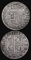 London Coins : A188 : Lot 942 : Spain Two Reales (2) 1721 JJ KM#308 About Fine, 1734 PA KM#355 Fine