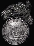 London Coins : A189 : Lot 1079 : Mexico Eight Reales 1738 MF KM#103 in a pendant in a silver mount on a chain, the edge of the mount ...