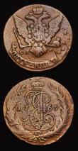 London Coins : A191 : Lot 1074 : Russia (2) 5 Kopeks 1765 CHM KM59.7 Fine the coin has abundant evidence of an underlying coin so pre...