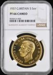 London Coins : A191 : Lot 1436 : Five Pounds 1937 Proof S.4074 in an NGC holder and graded PF66 Cameo. This is the finest we have off...