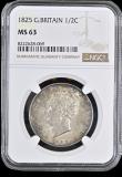 London Coins : A191 : Lot 1672 : Halfcrown 1825 ESC 642 Choice Unc with a lovely tone and graded MS63 by NGC desirable thus