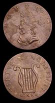 London Coins : A191 : Lot 687 : Evasion Halfpenny, undated Obverse: Bust left, ROMULUS, Reverse: Lyre, VIRTVS NVNQ DEFICIT ICXXX, W....