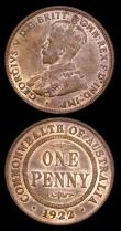 London Coins : A191 : Lot 882 : Australia (2) Penny 1922 KM#23 VF/GVF, Halfpenny 1911 KM#22 EF the obverse with traces of lustre, th...