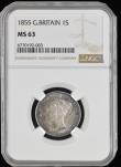London Coins : A192 : Lot 1532 : Shilling 1855 ESC 1303, Bull 3006 UNC with a deep and rich tone and graded MS63 by NGC