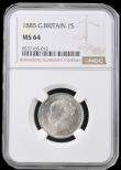 London Coins : A192 : Lot 1545 : Shilling 1885 ESC 1345, Bull 3076 Lustrous UNC in a NGC holder and graded MS64