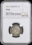 London Coins : A192 : Lot 1576 : Shilling 1911 Proof ESC 1421, Bull 3800, in an NGC holder and graded PF66