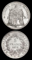 London Coins : A192 : Lot 598 : France 5 Francs (2) 1873A and 1875A KM#820.1both UNC and lustrous with minor contact marks