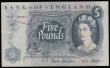 London Coins : A192 : Lot 61 : Five Pounds Fforde QE2 portrait and Child Britannia B313 Replacement issue 1967 serial number M15 38...