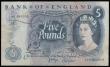 London Coins : A192 : Lot 66 : Five Pounds Page B325 issued 1971 replacement series 14M 885208 VF with some stains